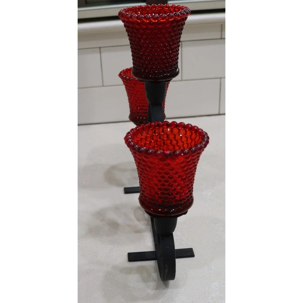 Wrought Iron Candelabra with 3 Red Hobnail Glass Votive Taper Holders Black